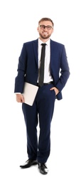 Happy young businessman holding laptop on white background