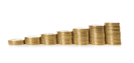 Photo of Stacked coins on white background. Investment concept