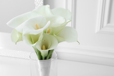 Beautiful calla lily flowers in glass vase near white wall, closeup. Space for text