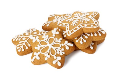 Tasty star shaped Christmas cookies with icing isolated on white