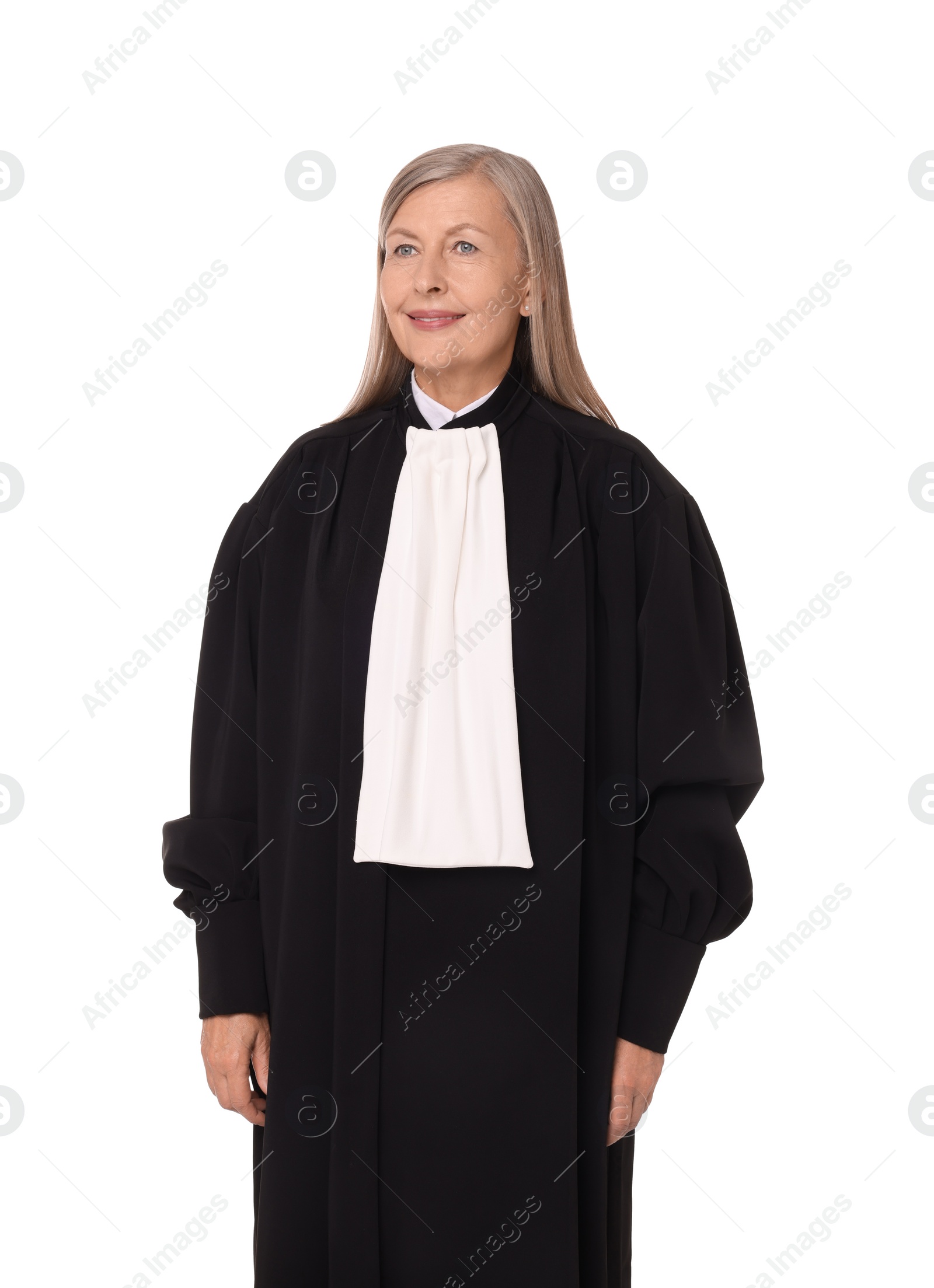 Photo of Beautiful senior judge in court dress on white background