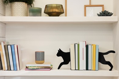 Photo of Bookends and other decor on shelves indoors. Interior design