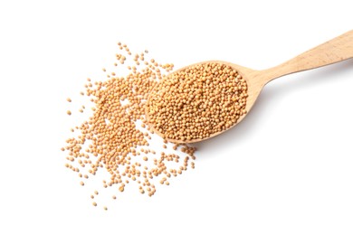 Spoon with mustard seeds on white background, top view