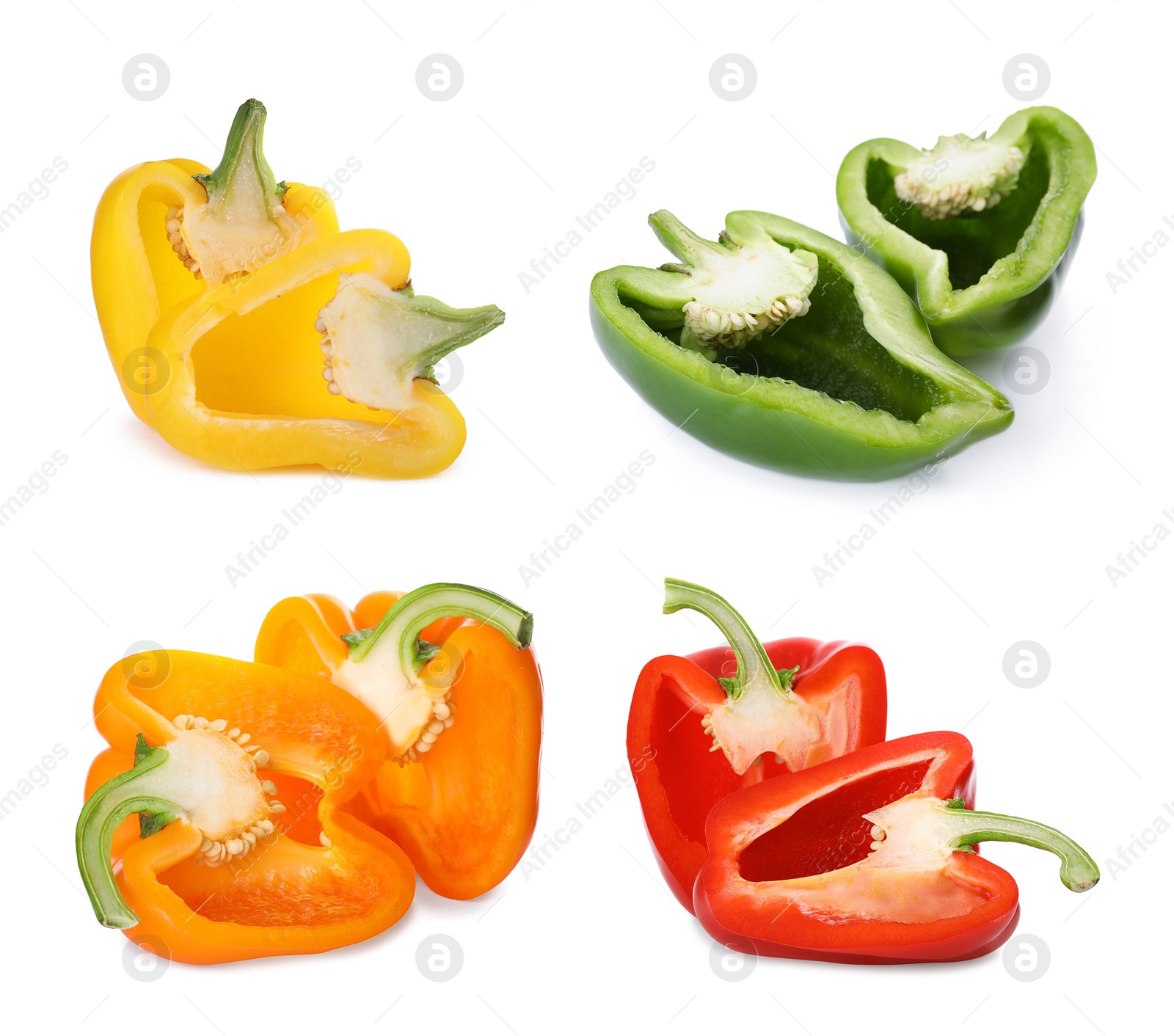 Image of Set of different ripe bell peppers on white background