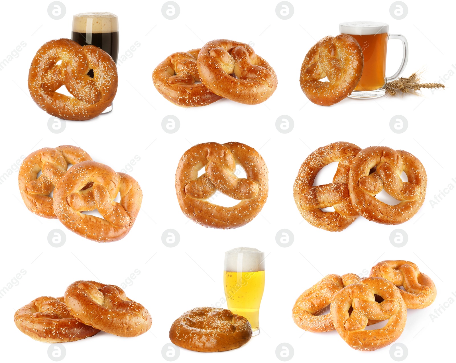 Image of Set with tasty freshly baked pretzels and beer on white background