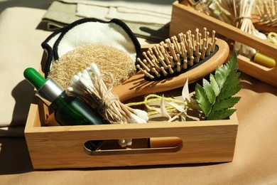 Photo of Set of different eco friendly products on table