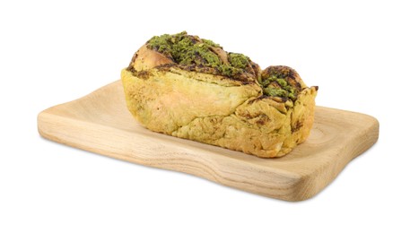 Photo of Wooden board with freshly baked pesto bread isolated on white