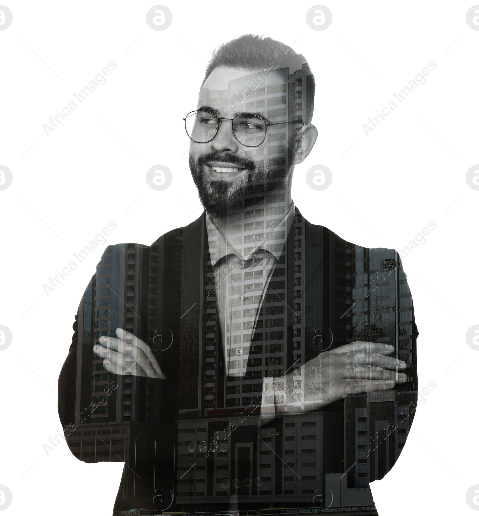 Image of Double exposure of businessman and office building