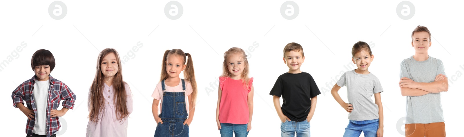 Image of Cheerful children of different ages on white background. Collage design
