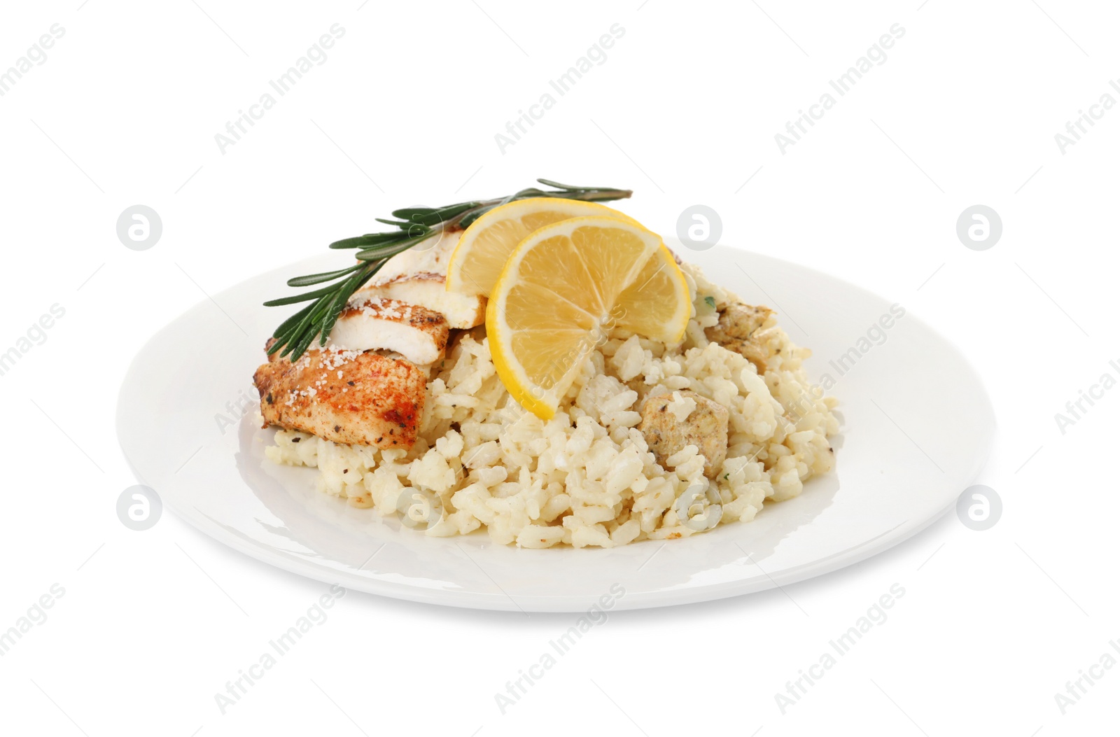 Photo of Delicious chicken risotto with lemon slices isolated on white