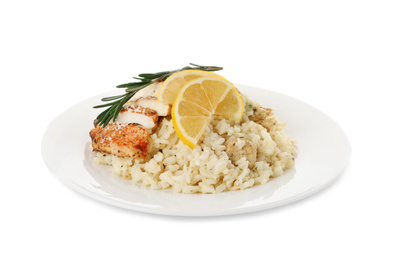 Photo of Delicious chicken risotto with lemon slices isolated on white