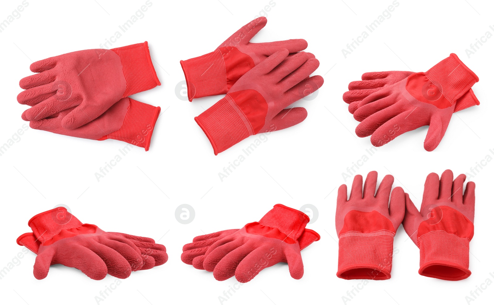 Image of Red gardening gloves isolated on white, views from different angles