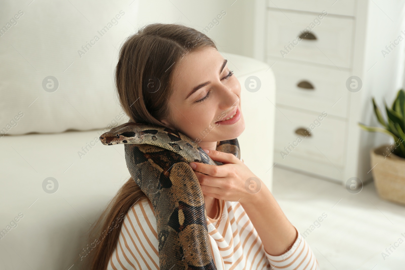 Photo of Young woman with boa constrictor at home. Exotic pet