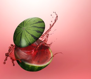 Image of Watermelon with splashing juice on red gradient background