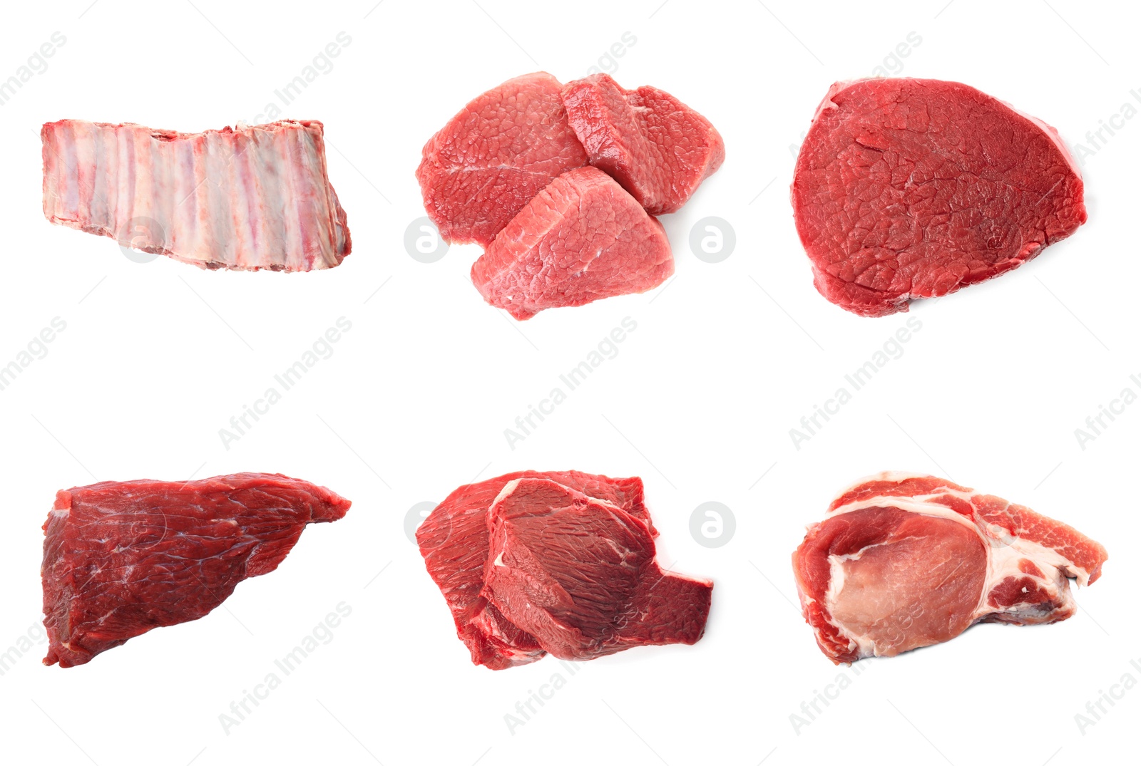 Image of Set with raw meat on white background, top view 