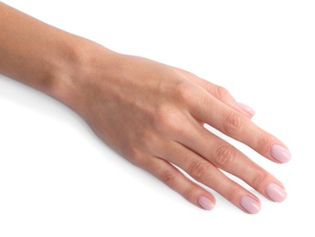 Photo of Beautiful female hand on white background, closeup. Spa treatment