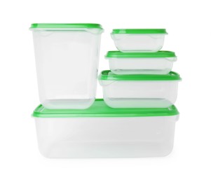 Empty plastic containers on white background. Food storage