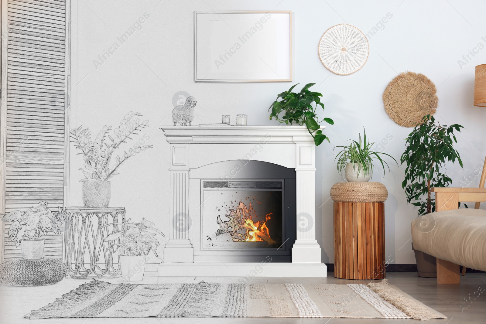 Image of From idea to realization. Cozy living room interior with fireplace and houseplants. Collage of photo and sketch