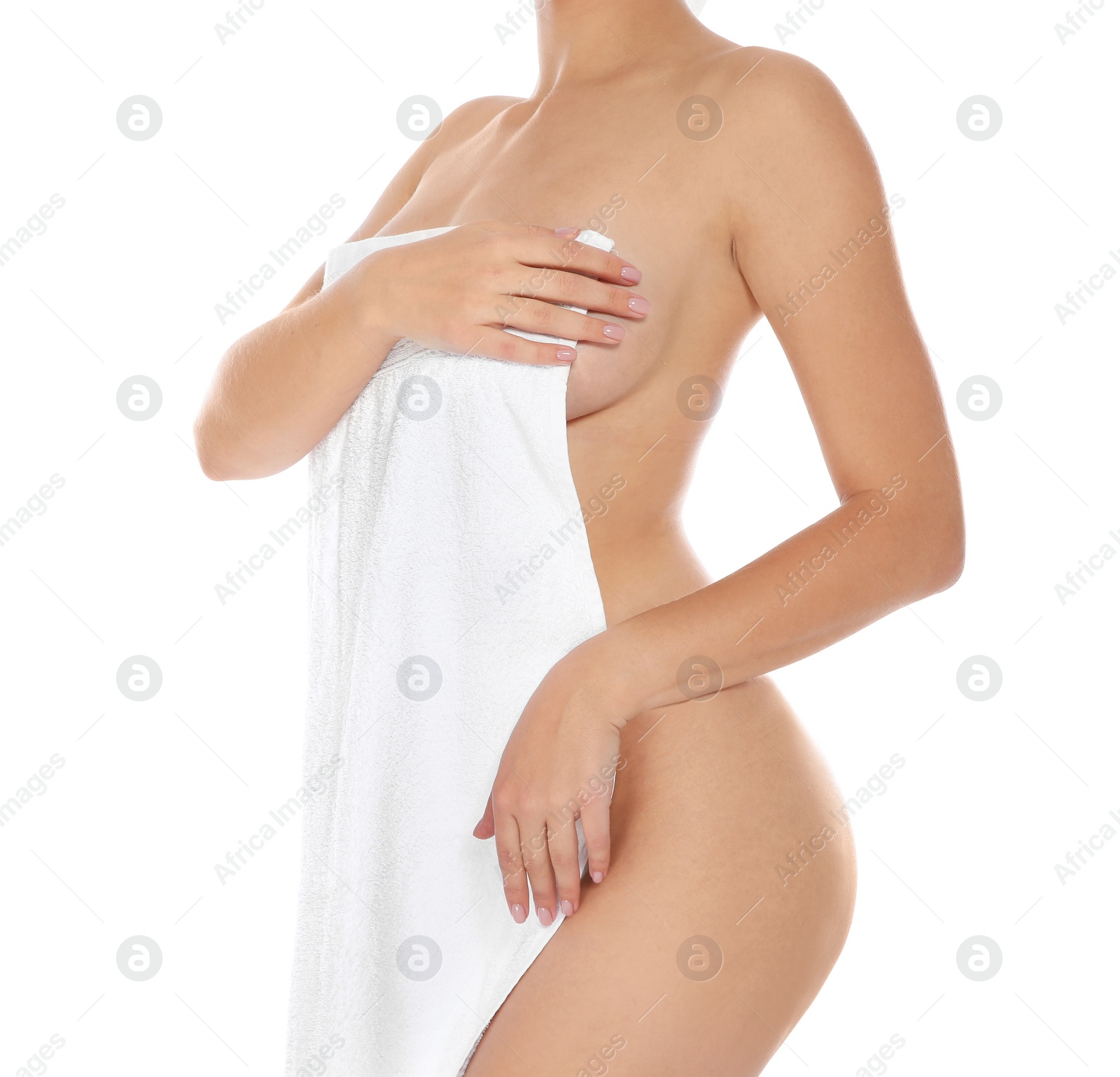 Photo of Young sensual woman with towel on white background