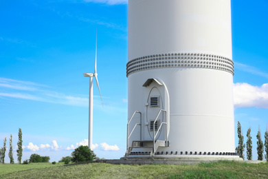 Entrance to wind turbine power generator outdoors. Alternative energy source