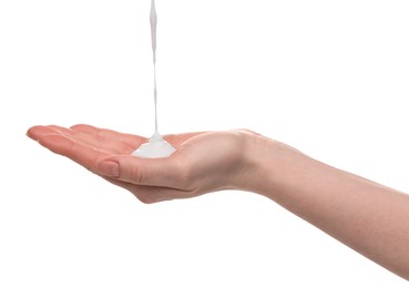 Photo of Pouring shower gel onto woman's hand on white background, closeup