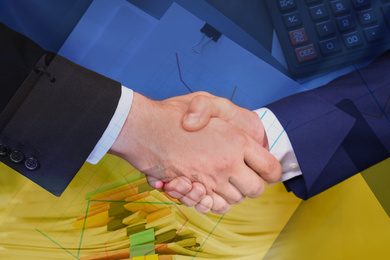 Multiple exposure of documents, business partners shaking hands and Ukrainian national flag, closeup