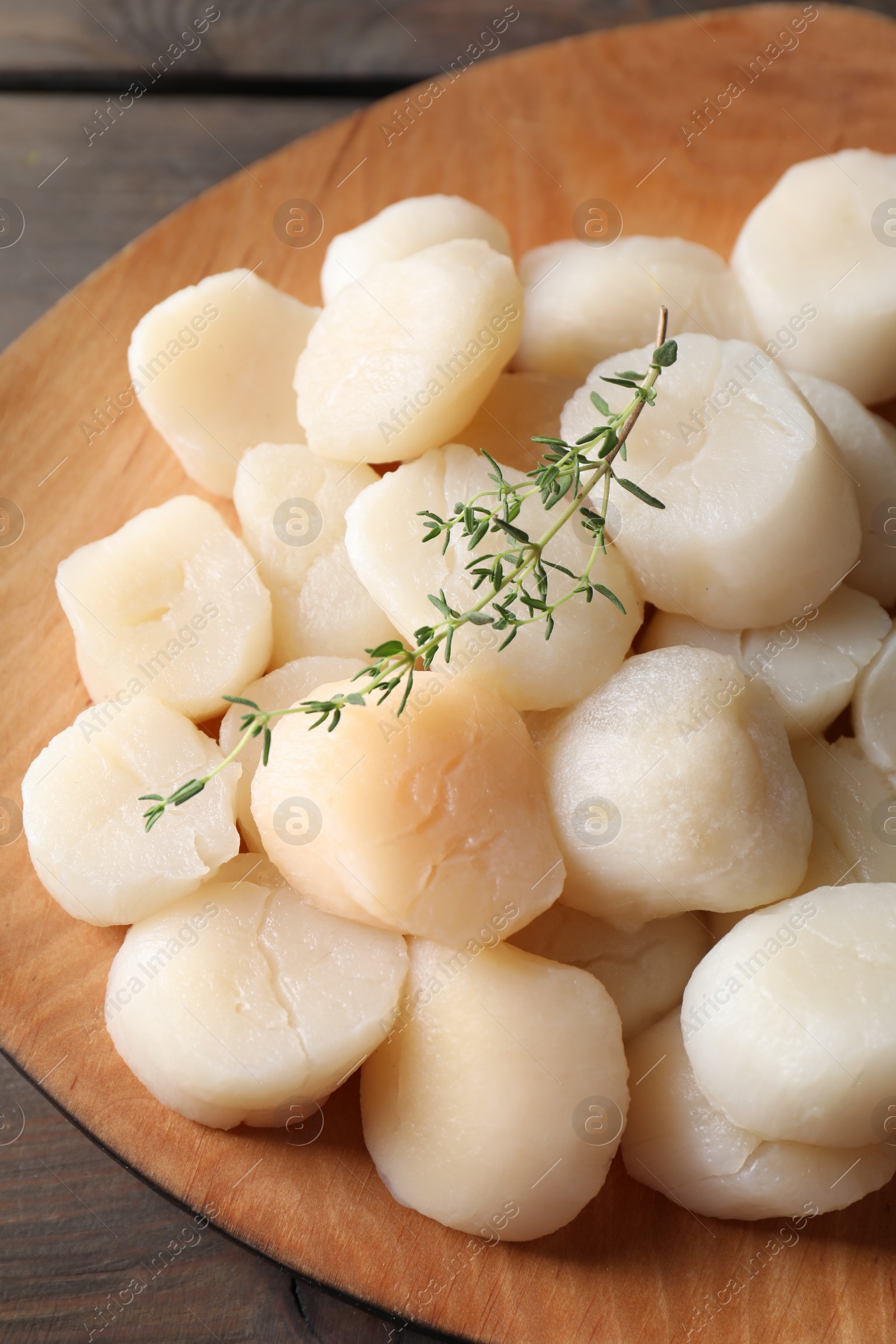 Photo of Fresh raw scallops and thyme on wooden table, closeup