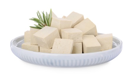 Photo of Plate with delicious tofu and rosemary isolated on white