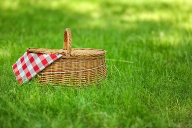 Wicker basket with blanket on green grass in park, space for text. Summer picnic