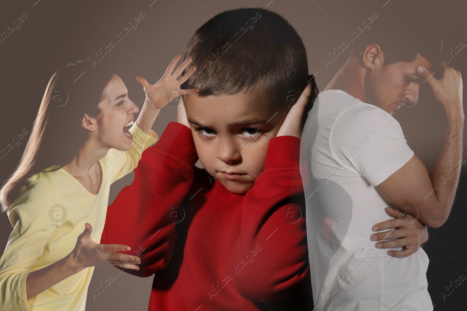 Image of Double exposure of scared little boy and his arguing parents