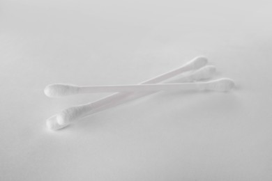 Clean cotton buds on white background. Hygienic accessory