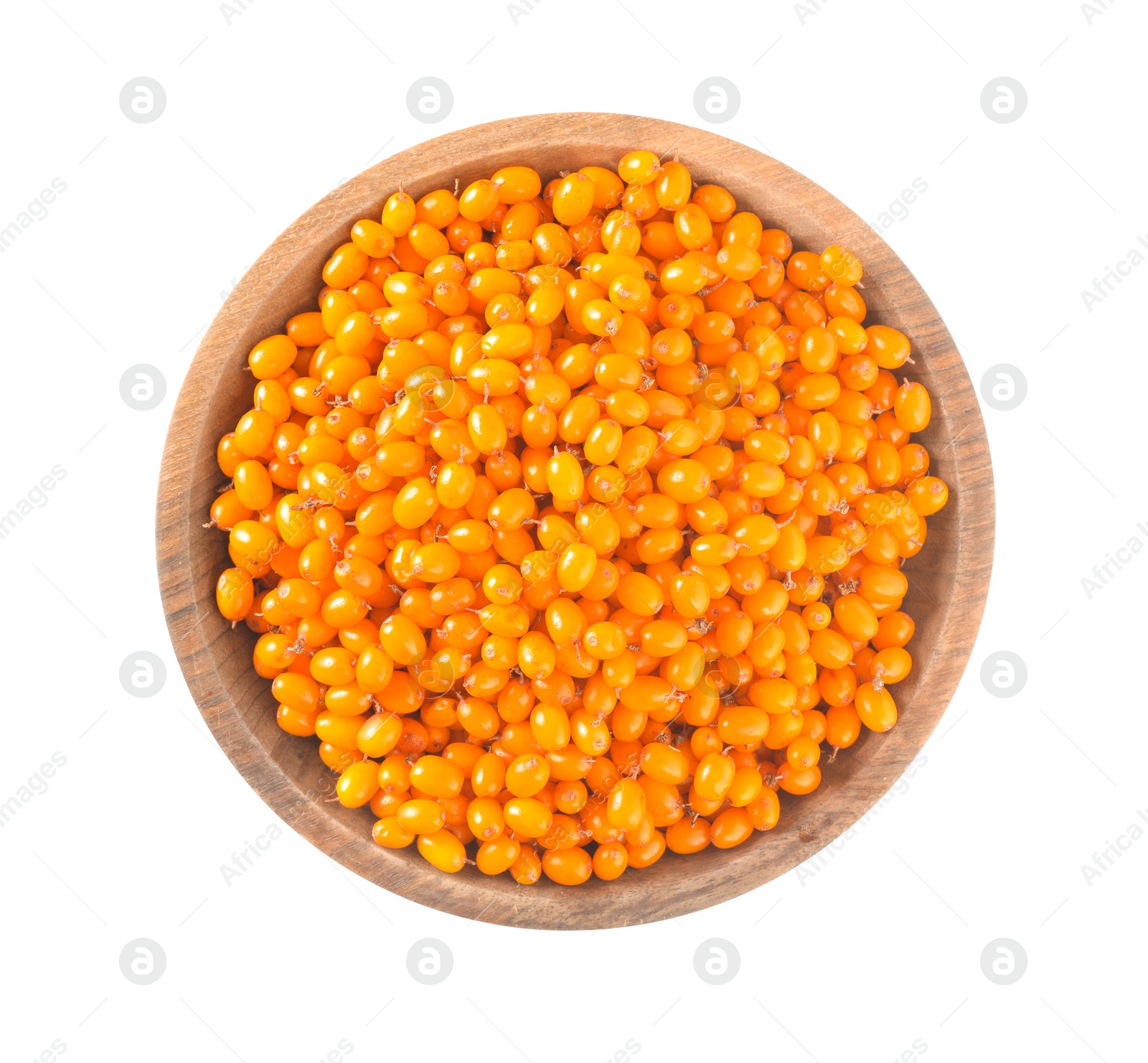 Photo of Fresh ripe sea buckthorn berries in bowl isolated on white, top view