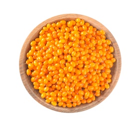 Fresh ripe sea buckthorn berries in bowl isolated on white, top view