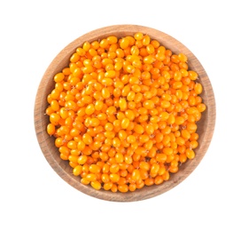 Photo of Fresh ripe sea buckthorn berries in bowl isolated on white, top view