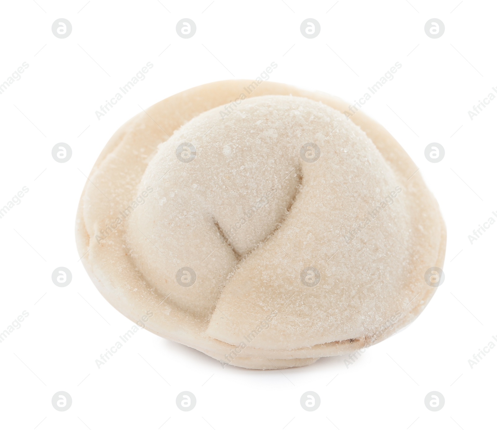 Photo of Raw dumpling with tasty filling on white background