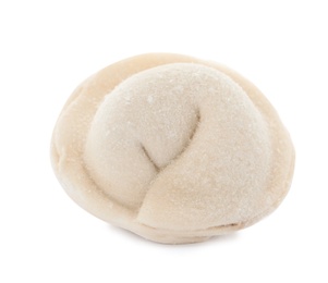 Photo of Raw dumpling with tasty filling on white background