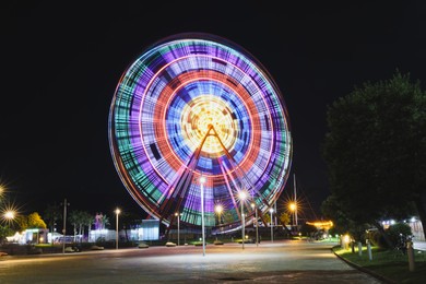 Photo of Beautiful glowing Ferris wheel against dark sky