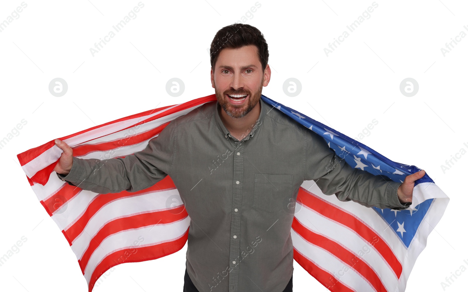 Image of 4th of July - Independence day of America. Happy man with national flag of United States on white background