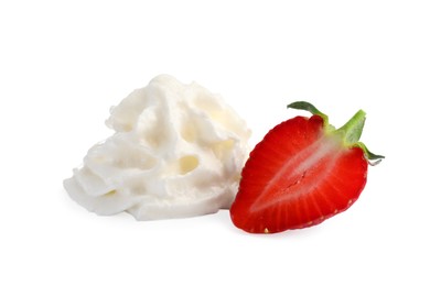 Sliced strawberry with whipped cream on white background