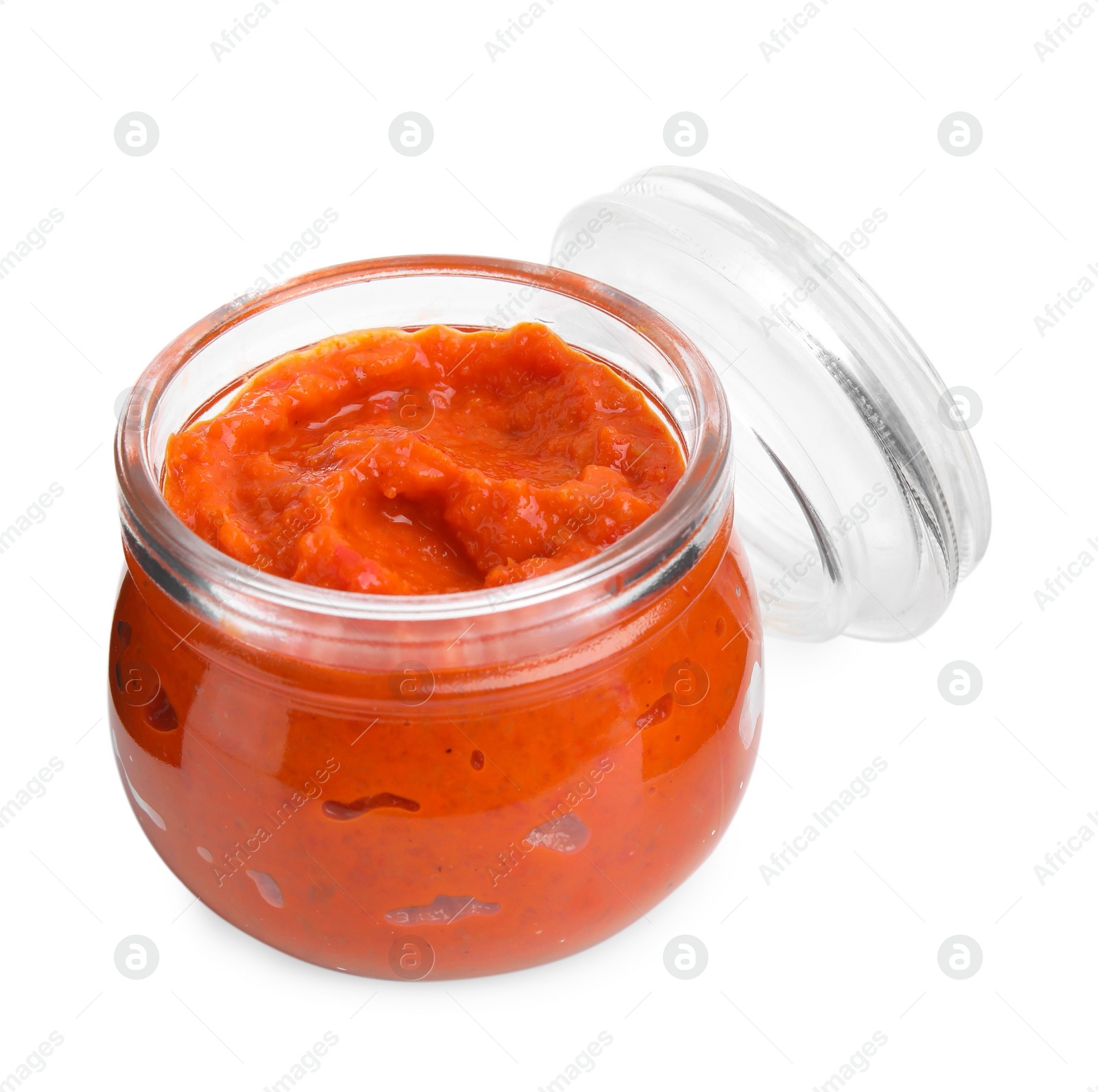 Photo of Fresh marinade in jar isolated on white