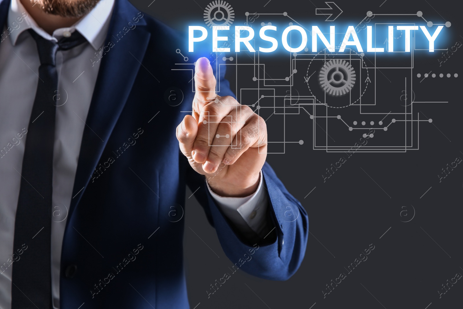 Image of Man pointing at word PERSONALITY on virtual screen against dark background, closeup 