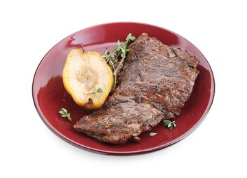 Photo of Delicious roasted beef meat, caramelized pear and thyme isolated on white