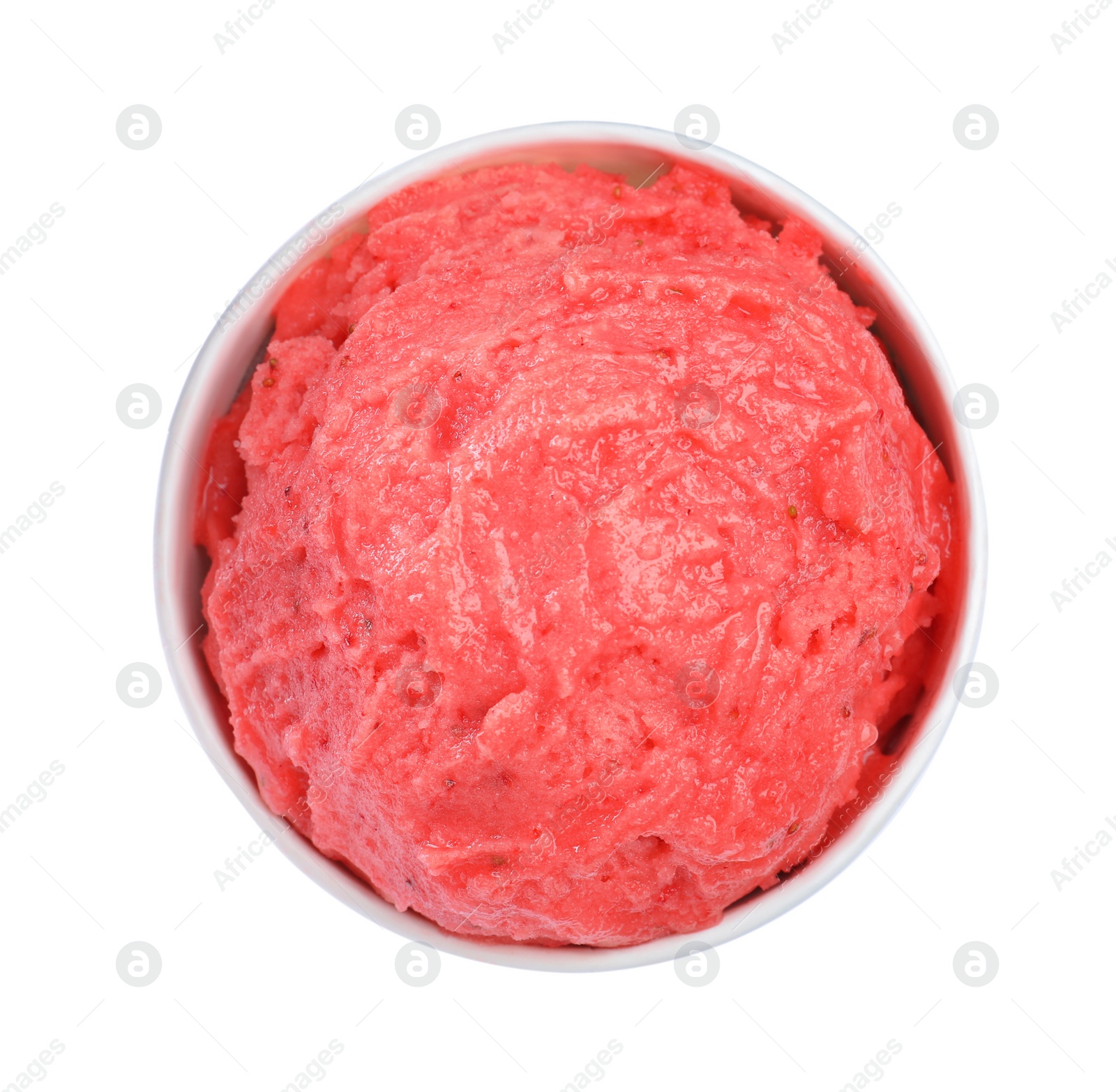 Photo of Delicious pink ice cream in paper cup isolated on white, top view