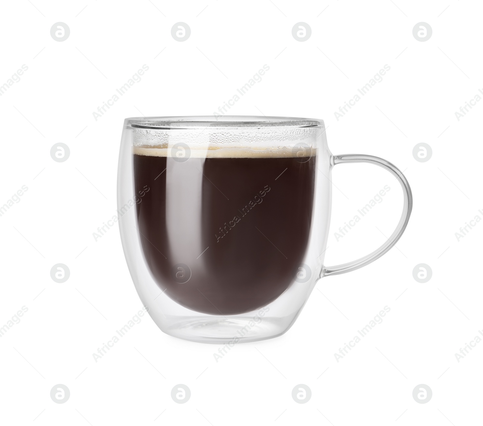 Photo of Aromatic coffee in glass cup isolated on white