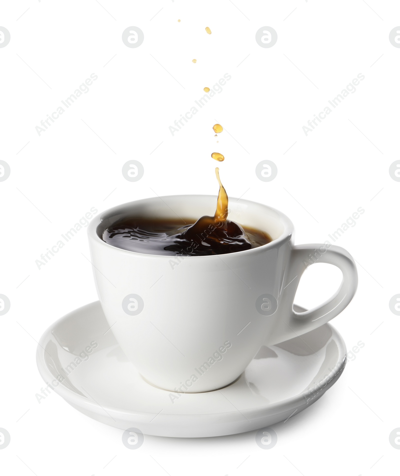 Photo of Cup with splashing coffee isolated on white