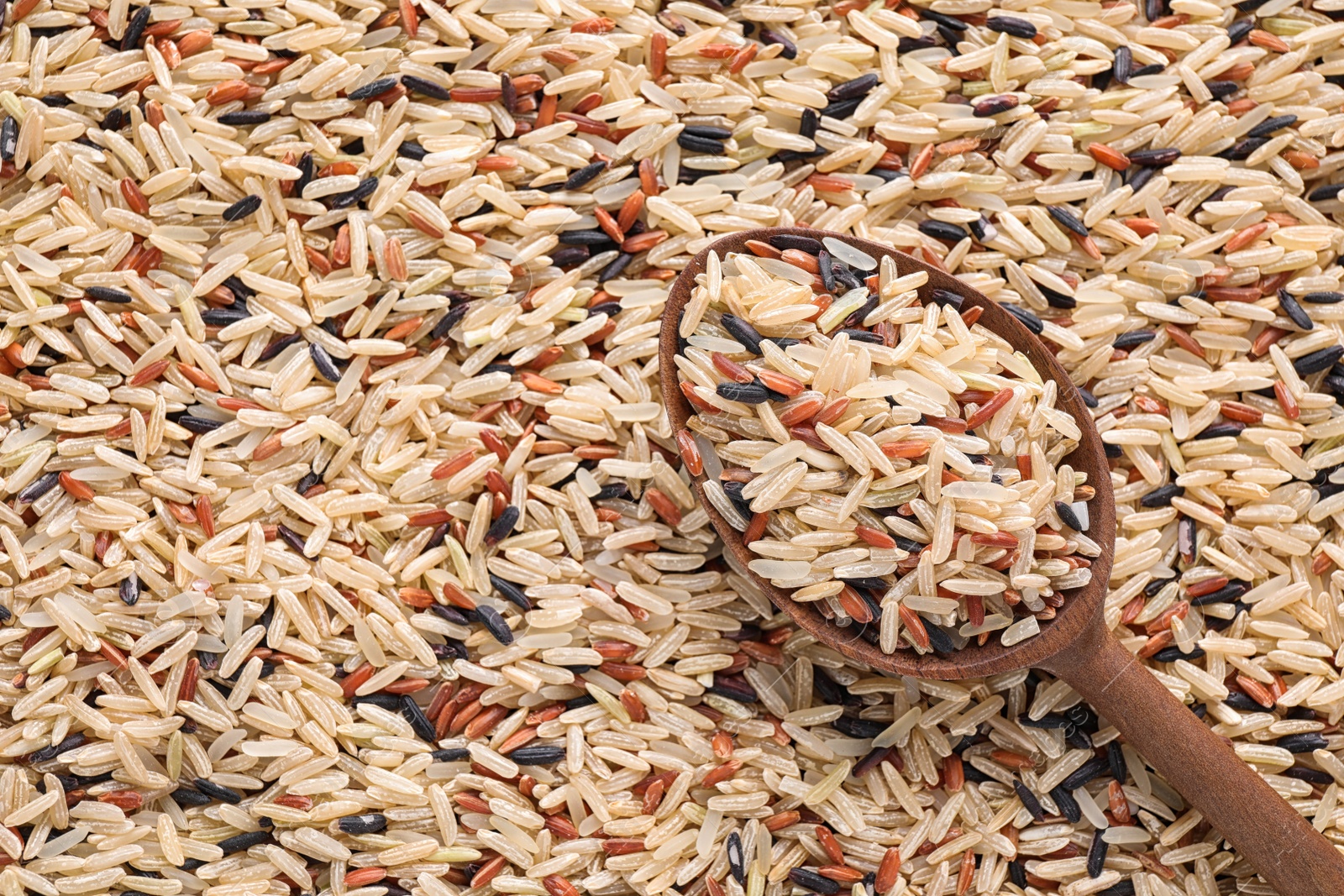 Photo of Mix of different brown rice and wooden spoon, top view. Space for text