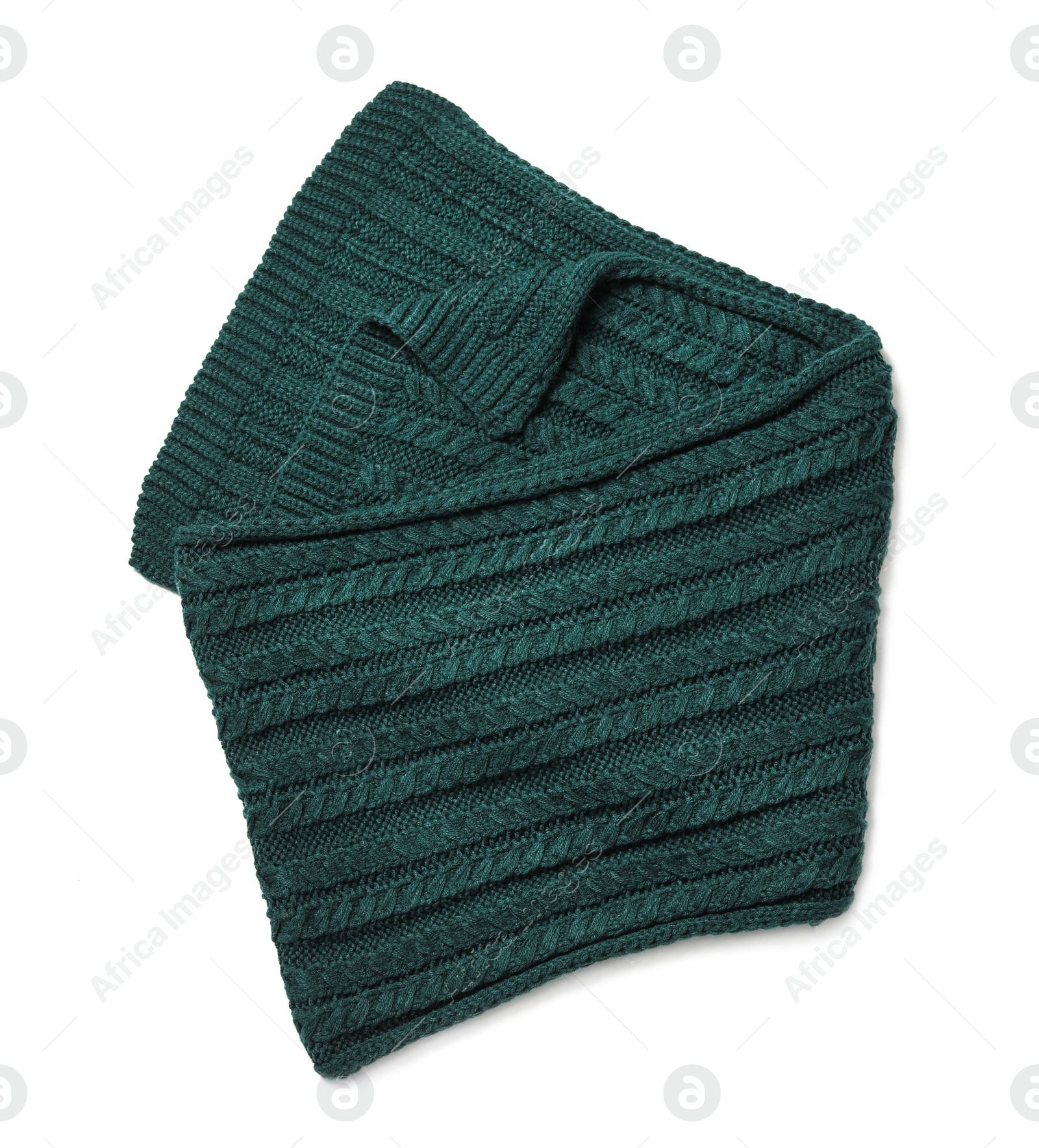 Photo of Dark green knitted scarf isolated white, top view