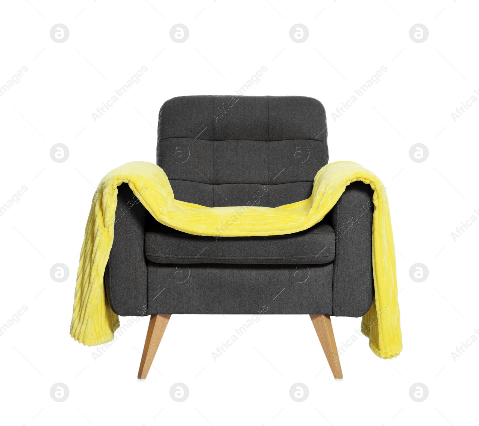 Photo of One grey armchair with blanket on white background
