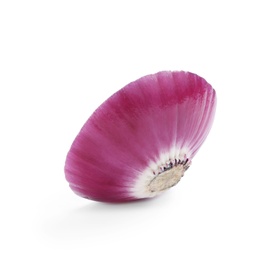 Photo of Fresh slice of red onion on white background