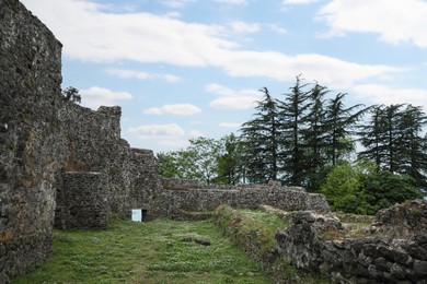 Picturesque view of large old ruins surrounded by trees